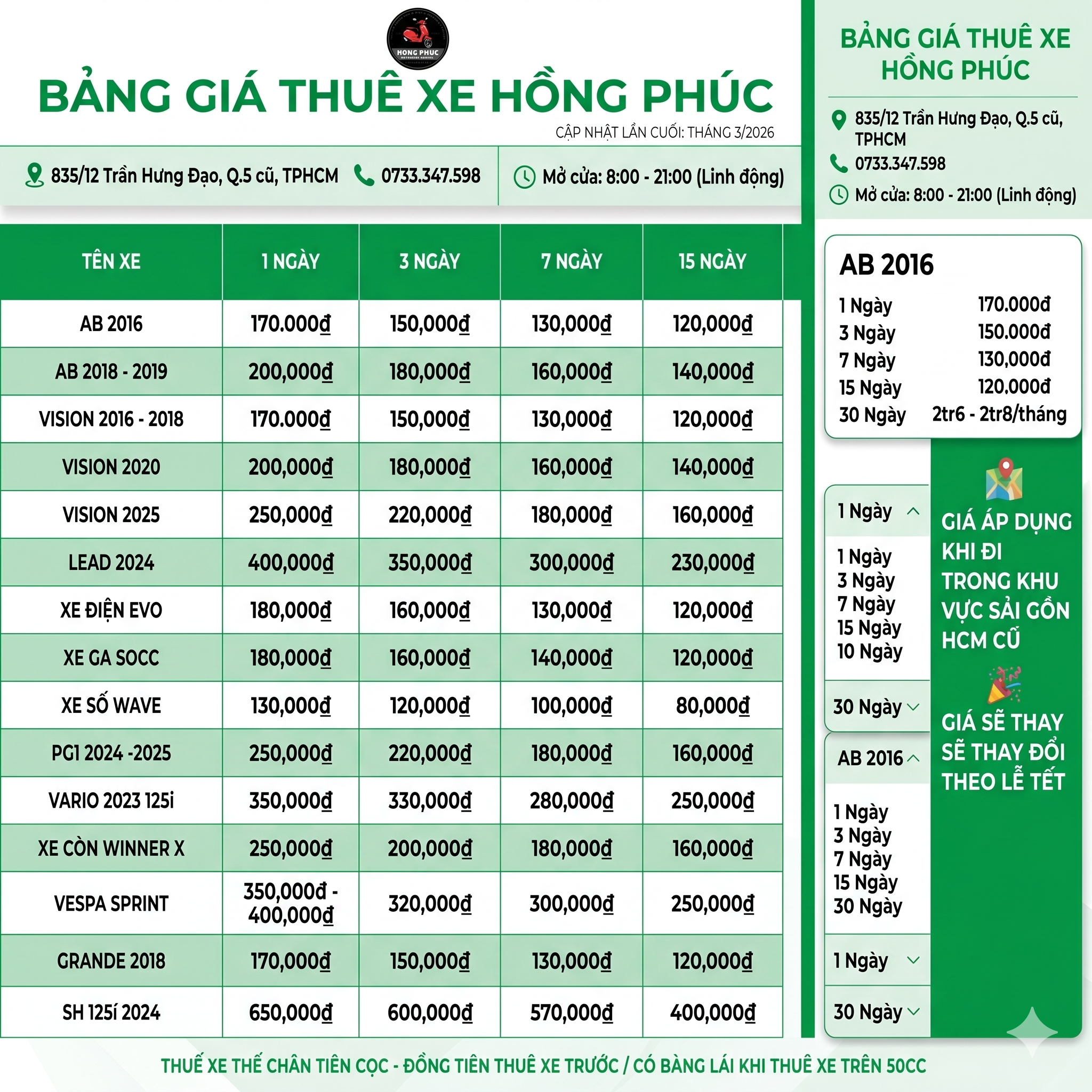 Bảng giá thuê xe máy sài gòn